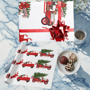 Roter Grüner Retro-LKW-Rentier-Weihnachtsfracht Geschenkpapier