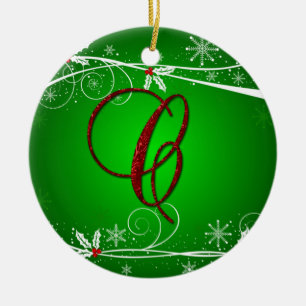 Roter grüner Stechpalmen-Initial-C-Weihnachtsschmu Keramikornament