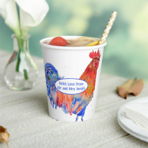 Roter Hahn Huhn Blaue Aquarell-Hochzeit Pappbecher