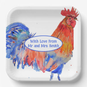 Roter Hahn Huhn Blaue Aquarell-Hochzeit Pappteller