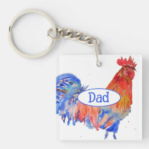 Roter Hahn Huhn Blaue Aquarellmalerei Vater Schlüsselanhänger