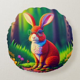 Roter Hase sitzt auf dem Gras Rundes Kissen