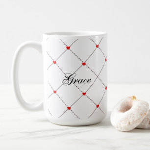 Roter Herz-Gittermuster-Name- und Nachrichtendesig Kaffeetasse