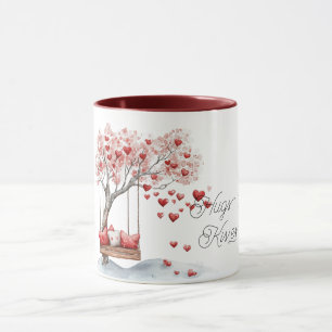 Roter Herzen Baum Schaukel Umarmungen Küsse Tasse