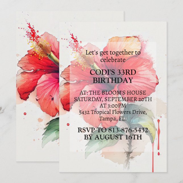 Roter Hibiskus Blume Art Geburtstagsparty Einladung (Vorne/Hinten)
