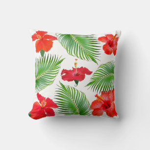 Roter Hibiskus Blume & Palm Blätter auf Weiß Kissen