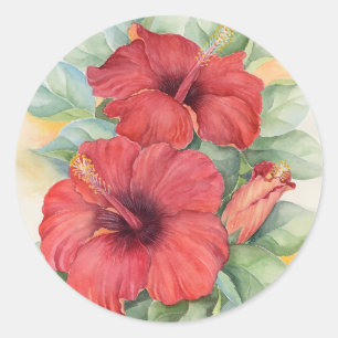 Roter Hibiskus Blume Rundkleber Wasserfarbe Kunst Runder Aufkleber