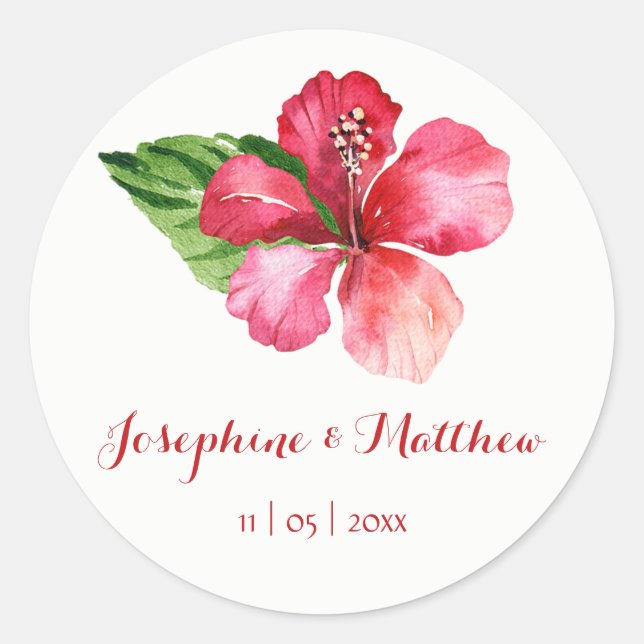 Roter Hibiskus Blume Tropische Hochzeitsticker Runder Aufkleber (Vorderseite)