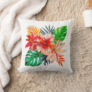 Roter Hibiskus Blume und Monstera Blätter Kissen