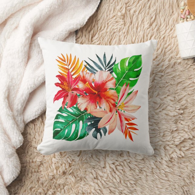 Roter Hibiskus Blume und Monstera Blätter Kissen (Decke)