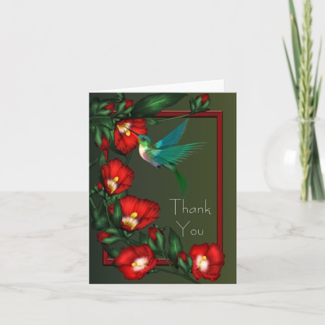 Roter Hibiskus-Grün-Kolibri danken Ihnen Karten (Vorderseite)