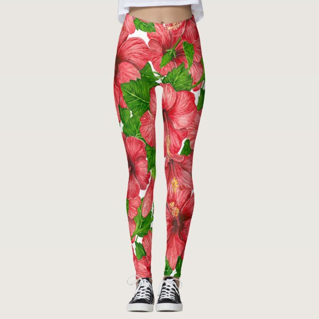 Roter Hibiskus Muster II Leggings (Vorderseite)