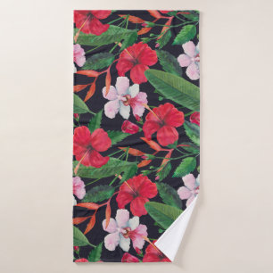 Roter Hibiskus, Orchideen, tropische Wasserfarbe. Badehandtuch
