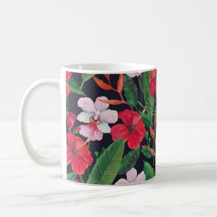 Roter Hibiskus, Orchideen, tropische Wasserfarbe. Kaffeetasse