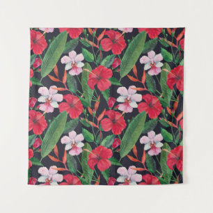 Roter Hibiskus, Orchideen, tropische Wasserfarbe. Wandteppich