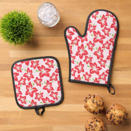 Roter Hibiskus, rote Blume, Muster von Blume Ofenhandschuh & Topflappen-Set