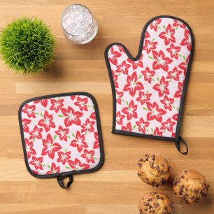 Roter Hibiskus, rote Blume, Muster von Blume Ofenhandschuh & Topflappen-Set