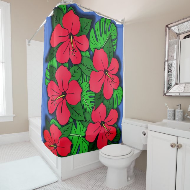 Roter Hibiskus und Monstera Duschvorhang (Beispiel)