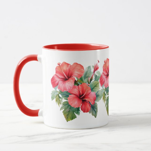 Roter Hibiskus Wasserfarbe Tropische Blumen Tasse (Links)