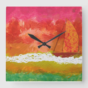 Roter Himmel segeln Quadratische Wanduhr