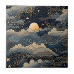 Roter Himmelsstern Fliese<br><div class="desc">Ein blauer Nachthimmel als Hintergrund,  mit Sternen und einem Mond dekoriert. Retro-Stil</div>