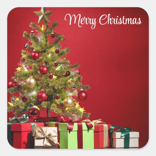 Roter Hintergrund mit dekorativem Weihnachtsbaum Quadratischer Aufkleber (Vorderseite)