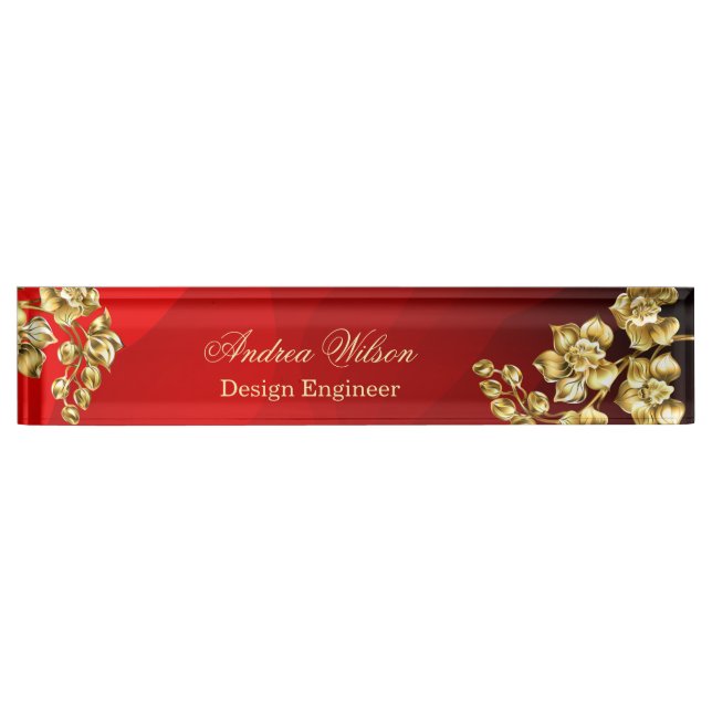 Roter Hintergrund mit goldenen Rose personalisiert Namensplakette (Vorderseite)