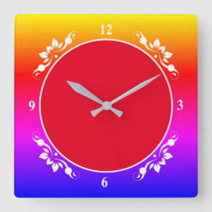 Roter Hintergrund und mehrfarbige Uhrziffernblatt  Quadratische Wanduhr