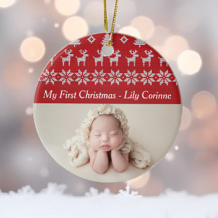 Roter Hirsch Baum Muster Baby's 1. Weihnachten Fot Keramik Ornament