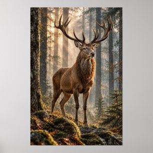 Roter Hirsch im goldenen Waldlicht-Wildtier-Wandbi Poster