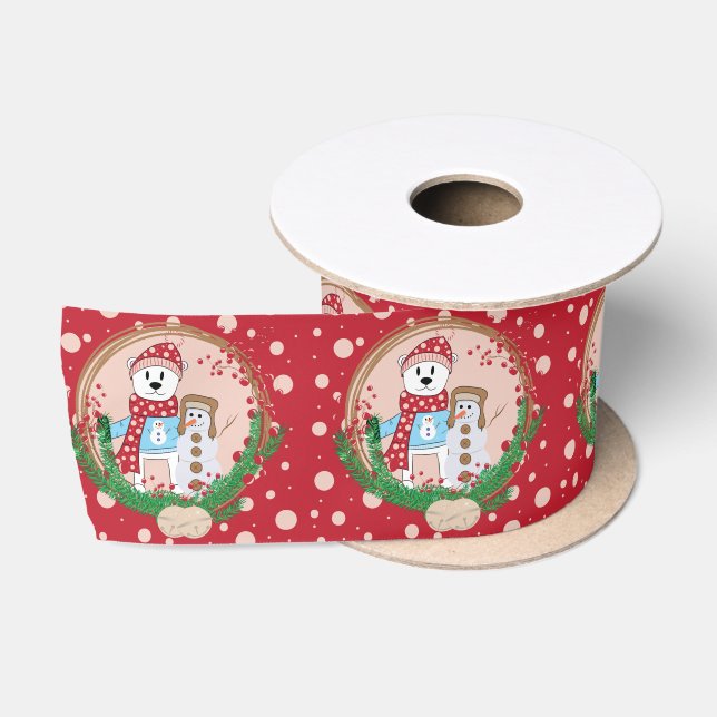 Roter Holiday Ribbon Rosa Dots Polar Bear n Snowma Satinband (Spule)