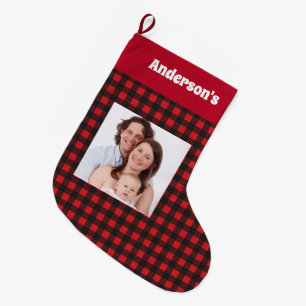 Roter Holzfäller-Muster-Familien-Foto-Name Großer Weihnachtsstrumpf