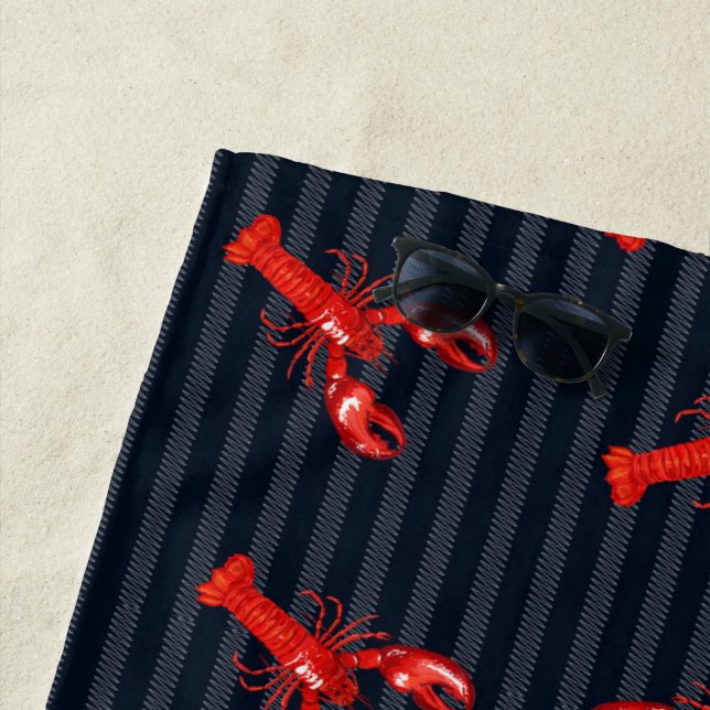 Roter Hummer Abstrakt Stripes Navy Personalisiert Strandtuch (Beispiel)