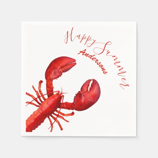 Roter Hummer mit weißem, fröhlichen Sommernamen Serviette (Vorderseite)