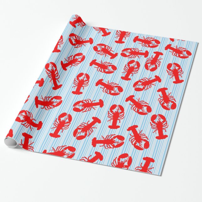 Roter Hummer-Tiermuster auf blauen Streifen Geschenkpapier (Ungerollt)