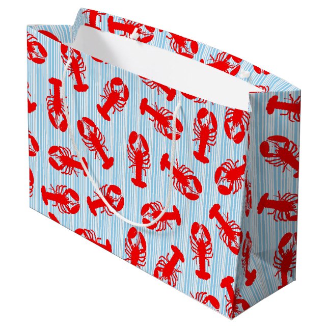 Roter Hummer-Tiermuster auf blauen Streifen Große Geschenktüte (Rückseite Schrägansicht)