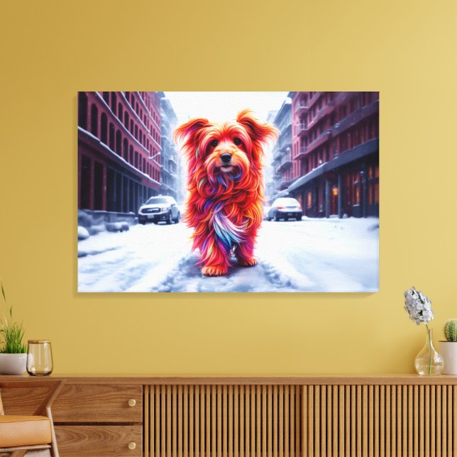 Roter Hund geht die schneebedeckte Winterstraße en Leinwanddruck (Insitu (Wohnzimmer))