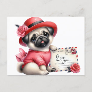 Roter Hut Pug  Postkarte