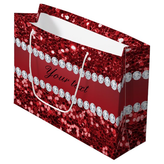 Roter Imitat-Glitzer und Diamanten Große Geschenktüte (Vorderseite Schrägansicht)