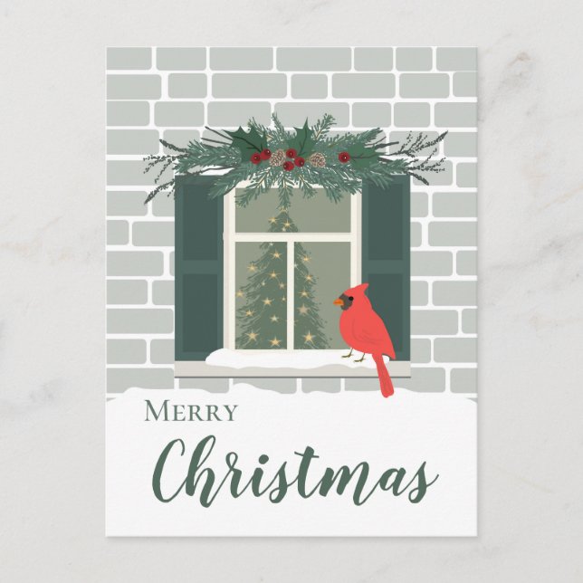Roter Kardinal am Fenster fröhliche Weihnachten Postkarte (Vorderseite)