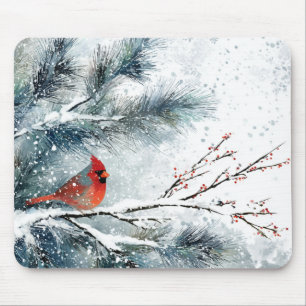 Roter Kardinal auf schneebedecktem Kiefernzweig Mousepad