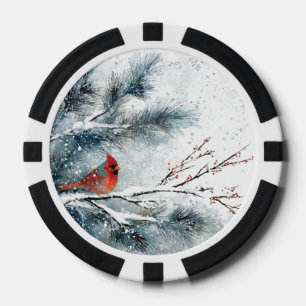 Roter Kardinal auf schneebedecktem Kiefernzweig Pokerchips
