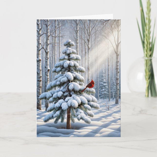 Roter Kardinal auf schneebedecktem Pinienwald Karte (Vorderseite)