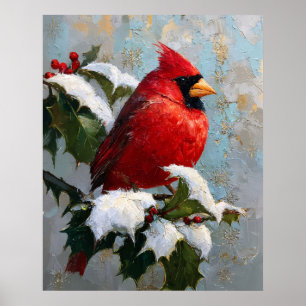 Roter Kardinal auf schneebedeckter Stechpalme Poster