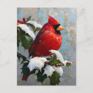 Roter Kardinal auf schneebedeckter Stechpalme Postkarte