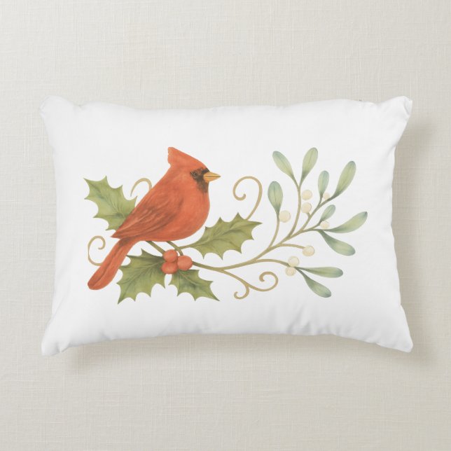 Roter Kardinal auf Winter Holly & Mistletoe Dekokissen (Vorderseite)