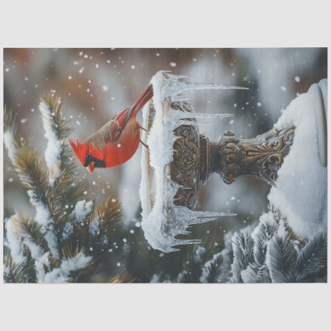 Roter Kardinal Bird auf der "Frozen Birdbath Decou Seidenpapier (Vorderseite)