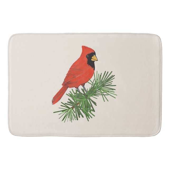 Roter Kardinal Bird auf Pine Tree Badematte (Vorderseite)