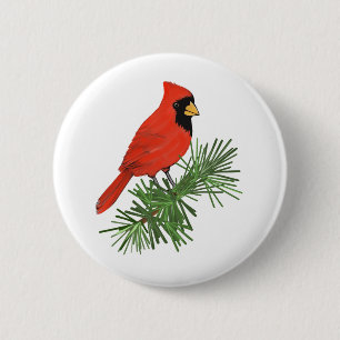 Roter Kardinal Bird auf Pine Tree Button