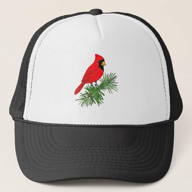 Roter Kardinal Bird auf Pine Tree Truckerkappe (Vorderseite)